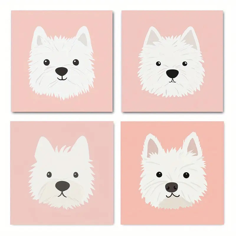 4pcs Adorable White Dog Art Prints Wall Art Canvas Framed - Bella Home Decor