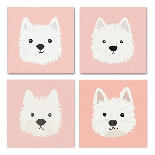 4pcs Adorable White Dog Art Prints Wall Art Canvas Framed - Bella Home Decor