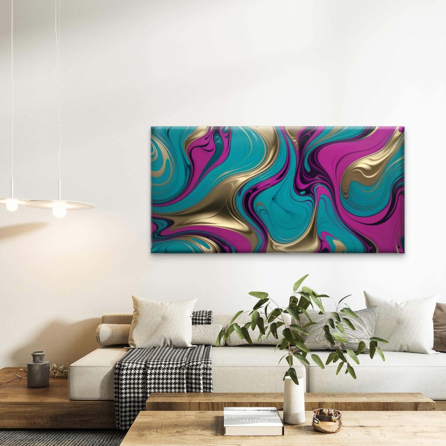Abstract Swirling Blue Gold PinkWall Art Canvas Office Home Room Framed 120x60cm - Bella Home Decor
