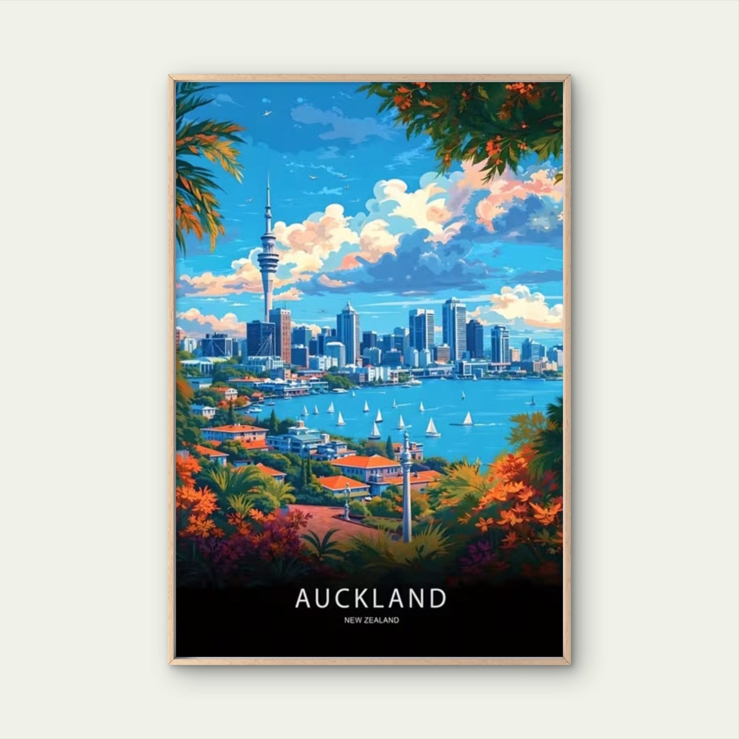 Auckland New Zealand Vibrant Cityscape Travel Poster Print Wall Art