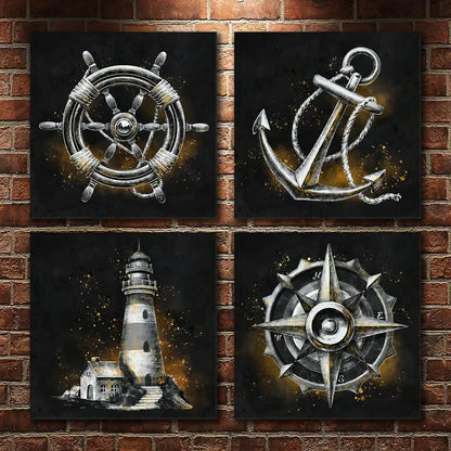 4pcs Lighthouse, Anchor, Compass & Ship Wheel Wall Art Canvas Framed