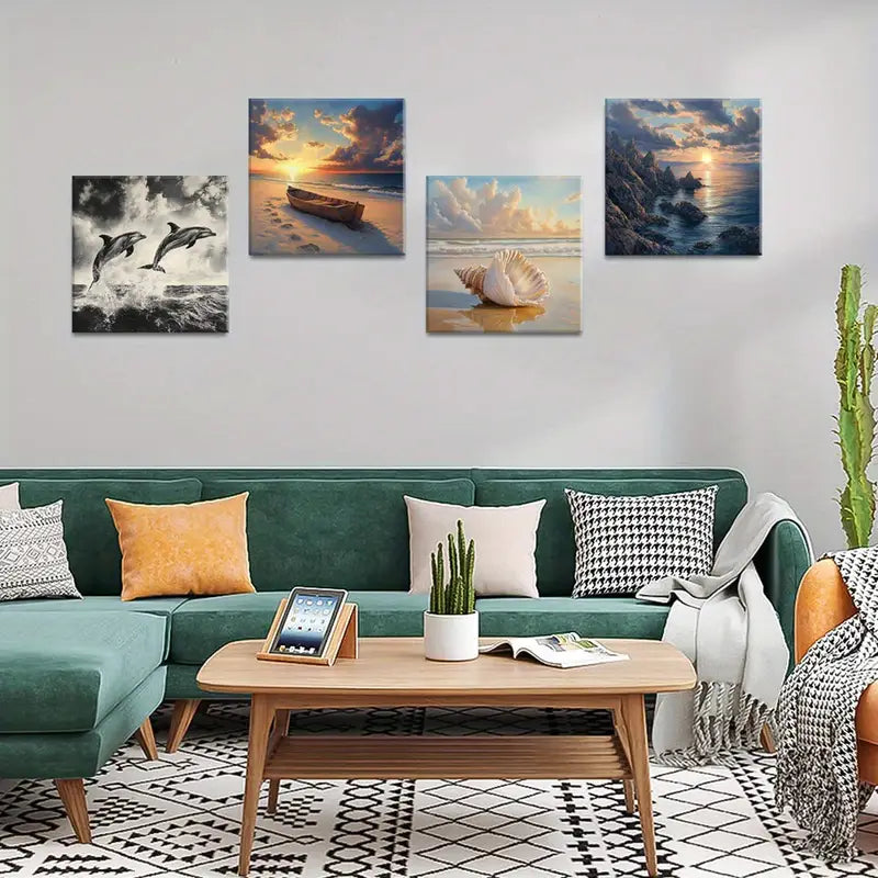 4pcs Ocean Seashells Black And White Art  Wall Art Canvas Framed