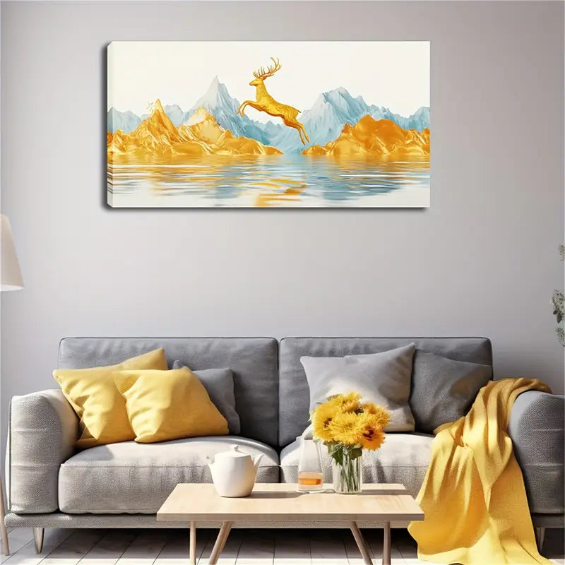 Majestic Golden Deer Jumping Wall Art Canvas Office Home Room Framed 120x60cm - Bella Home Decor