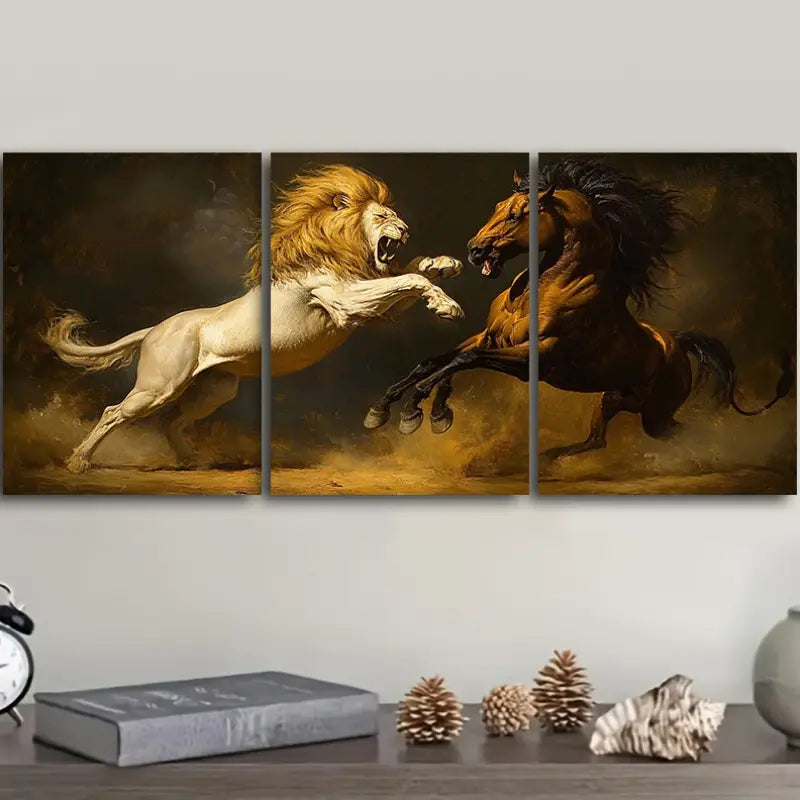 3pcs Modern Lion & Horse Attack Metal Print Ready to Hang Art
