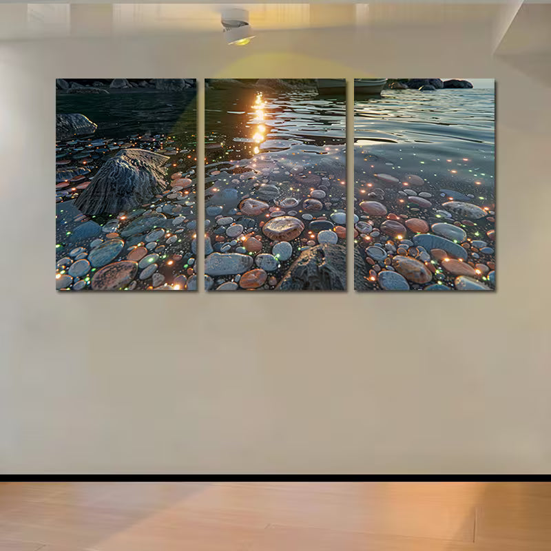 3pcs Pale Blue Beach Scene with Glowing Stones Wall Art Set Canvas Framed 40x60cm - High Quality Print 100% Australian Made Wall Canvas Ready to Hang