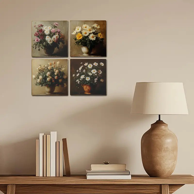 4pcs Colourfull Flower Vases Wall Art Canvas Framed - Bella Home Decor
