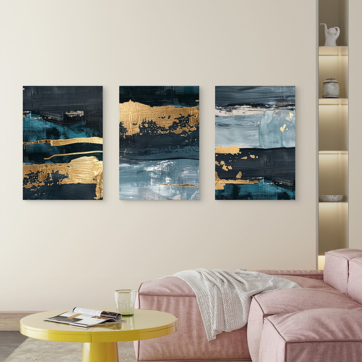 3pcs Navy Teal Gold Foil Metallic Luxe Shimmer   Wall Art Set Canvas Framed 40x60cm - High Quality Print 100% Australian Made Wall Canvas Ready to Hang