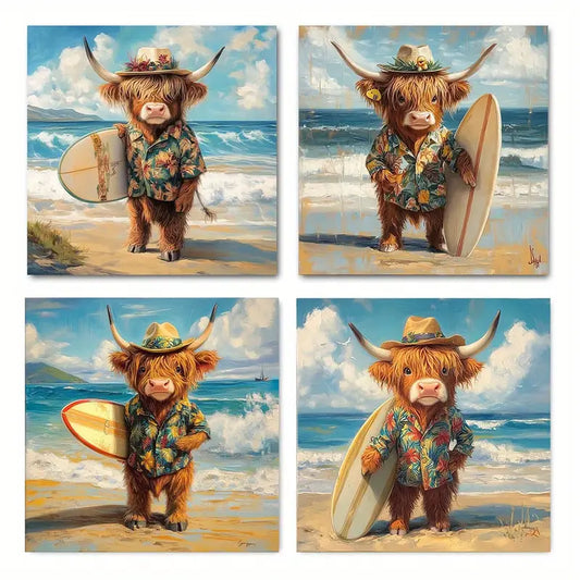 4pcs Highland Cattle Surfing Canvas Wall Art Canvas Framed