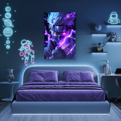 Neon Violet Chidori Masked Ninja 40x60cm Metal Print Ready to Hang