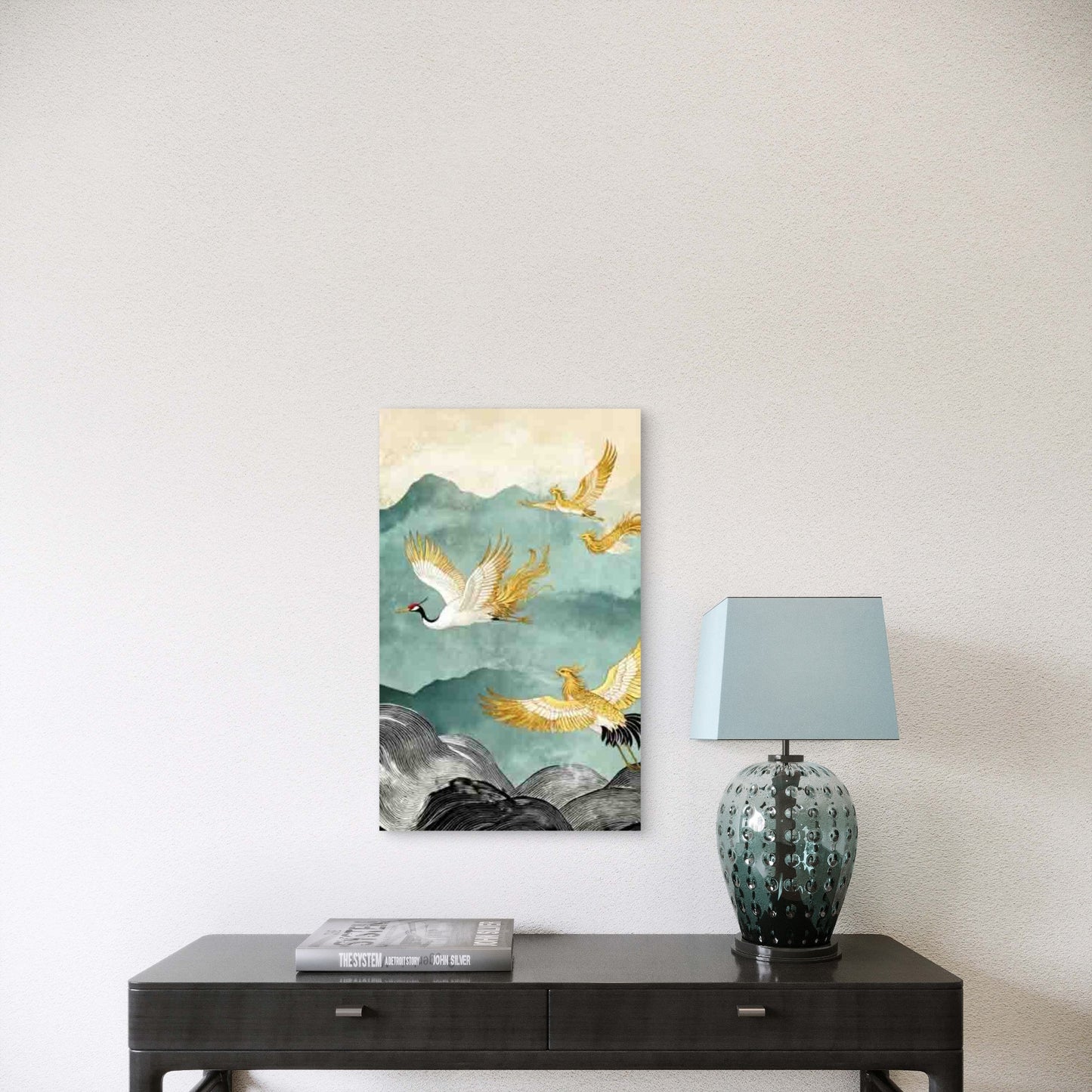 Golden & White Cranes & Landscape Metal Print Ready to Hang
