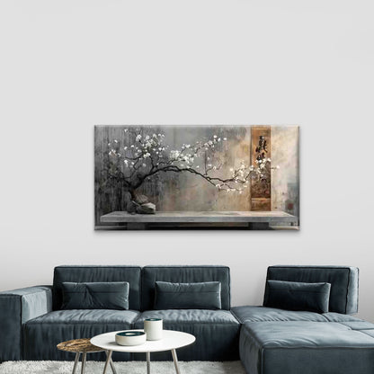 Cherry Blossom Tree on a Stone Wall Art Canvas Office Home Room Framed 120x60cm - Bella Home Decor