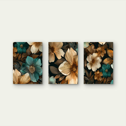 3pcs Dark Teal Gold Floral Flowers Wall Art Set Canvas Framed 40x60cm - High Quality Print 100% Australian Made Wall Canvas Ready to Hang