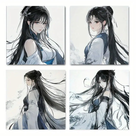 4pcs  Anime-Inspired Black Hair, Blue  Wall Art Canvas Framed