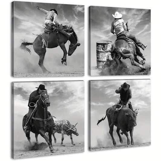 4pcs Black And White Cowboy Riding Horse Pictures Wall Art Canvas Framed