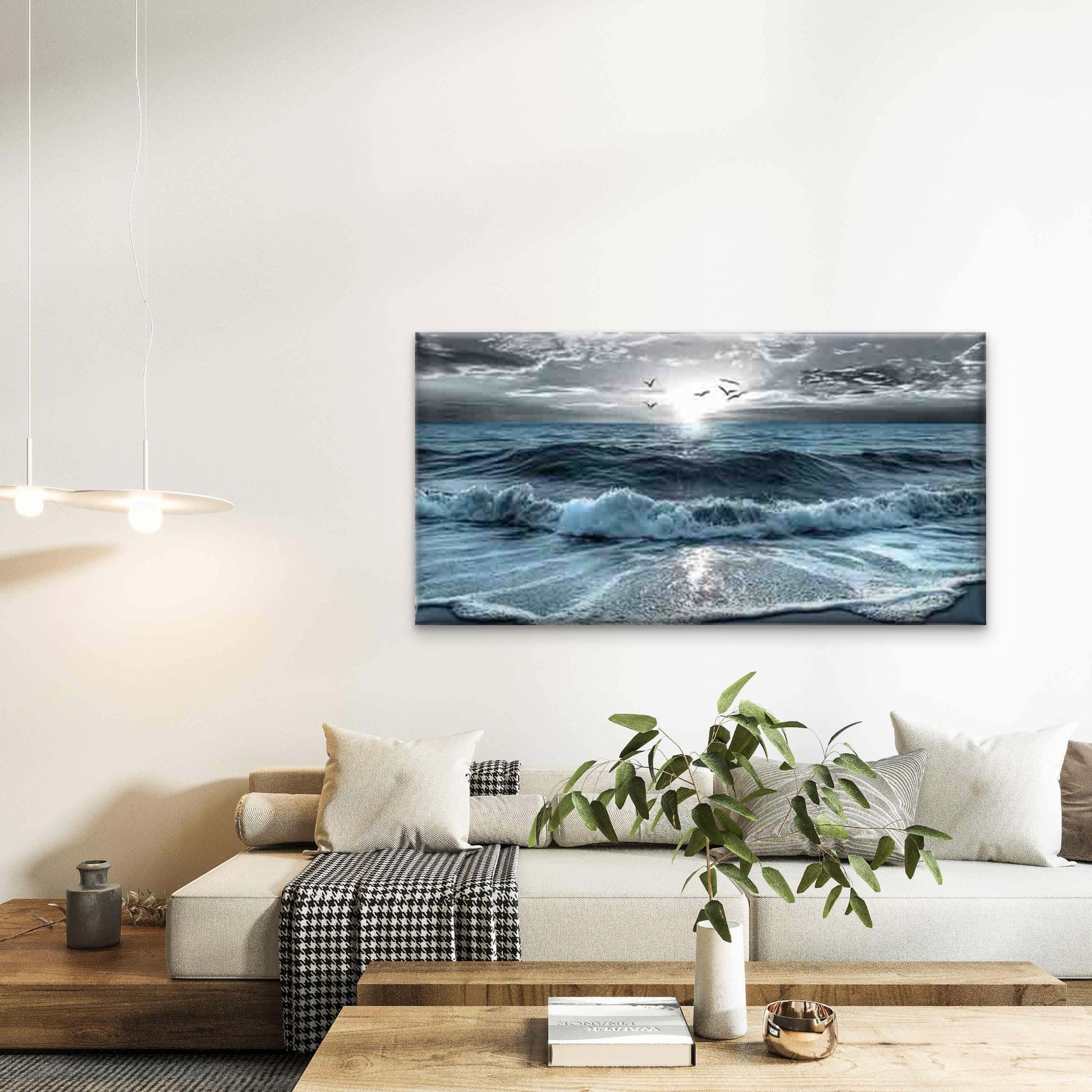 Modern Ocean Waves Wall Art Canvas Office Home Room Framed 120x60cm - Bella Home Decor
