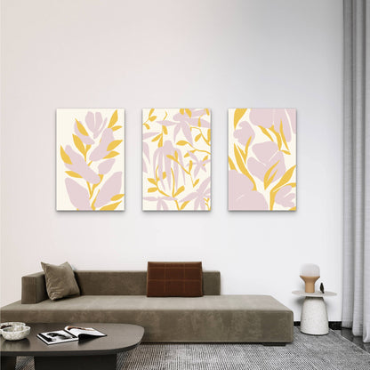 3pcs Pastel Purple and Yellow Botanical Abstract Painting Wall Art Set Canvas Framed 40x60cm - High Quality Print 100% Australian Made Wall Canvas Ready to Hang