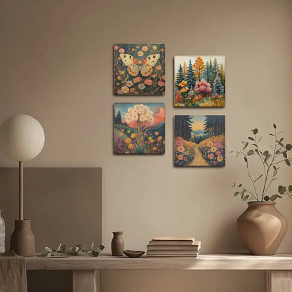 4pcs Butterfly With Flower Garden Wall Art Canvas Framed