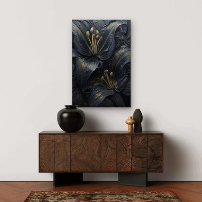 Abstract Dark Navy Blue Gold Lily Painting 40x60cm Metal Print Ready to Hang
