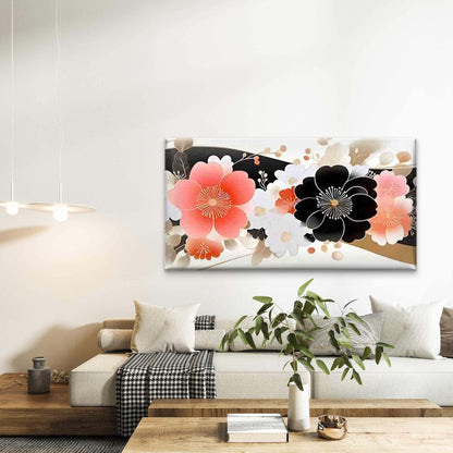 Gold Lines and Multicolor Floral Wall Art Canvas Office Home Room Framed 120x60cm