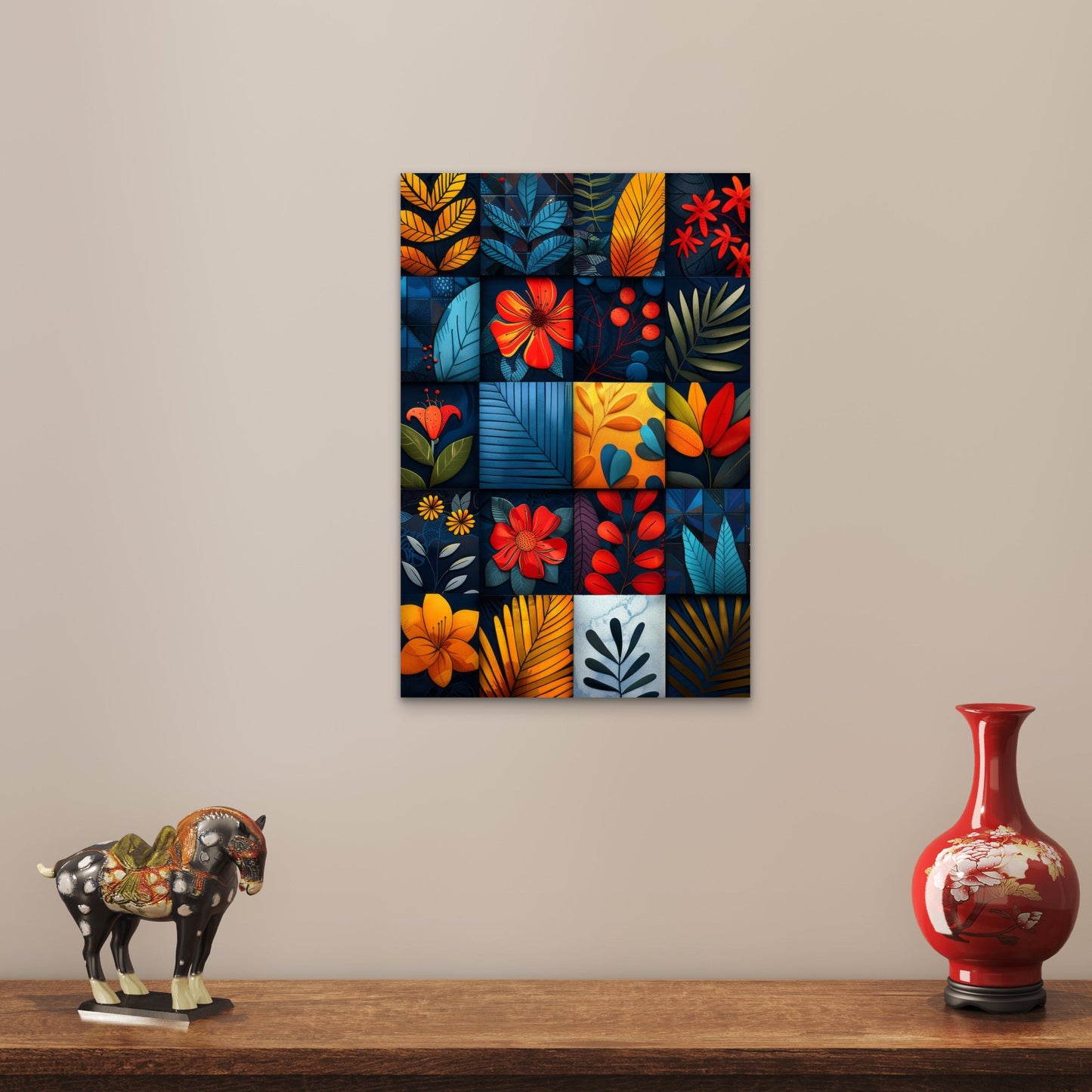 Sleek Geometric Blocks with Intricate Floral Motifs 60x90cm Metal Print Ready to Hang