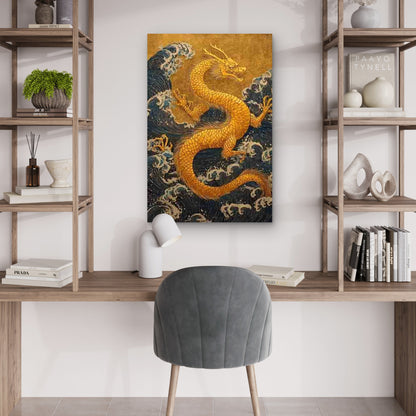 Japanese Golden Dragon & Sea Serpent 60x90cm Metal Print Ready to Hang - Bella Home Decor