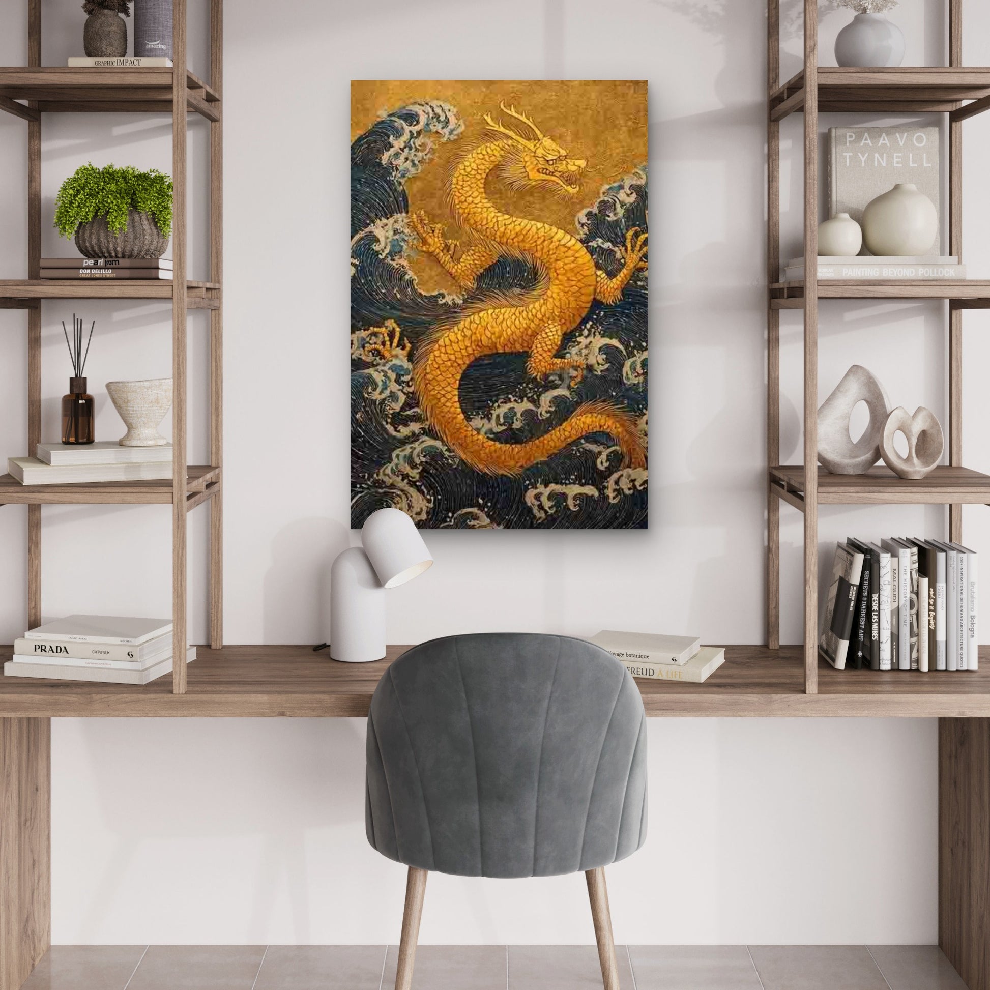 Japanese Golden Dragon & Sea Serpent 40x60cm Metal Print Ready to Hang - Bella Home Decor