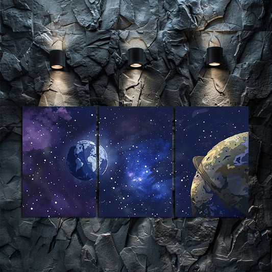 3pcs Earth and Moon in Space Design Wall Art Set Canvas Framed 50x70cm - High Quality Print 100% Australian Made Wall Canvas Ready to Hang