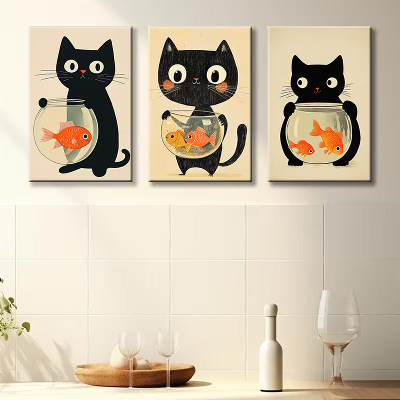 3pcs Black Cat and Fish Tank Illustration Wall Art Set Canvas Framed 40x60cm - High Quality Print 100% Australian Made Wall Canvas Ready to Hang - Bella Home Decor