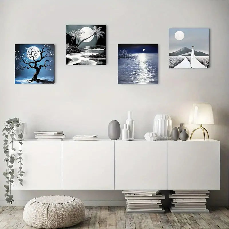 4pcs Black And White Tree And Moon Wall Art Canvas Framed