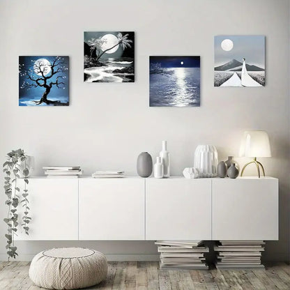 4pcs Black And White Tree And Moon Wall Art Canvas Framed