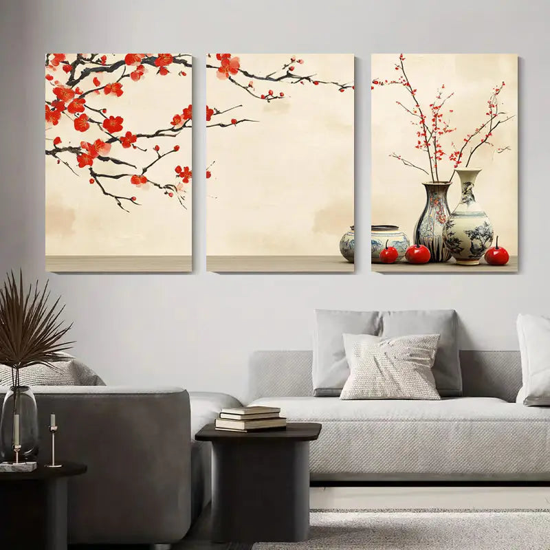 3pcs Chinese Plum Blossom & Vase Wall Art Metal Print Ready to Hang Art - Bella Home Decor