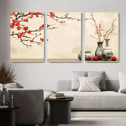 3pcs Chinese Plum Blossom & Vase Wall Art Metal Print Ready to Hang Art - Bella Home Decor