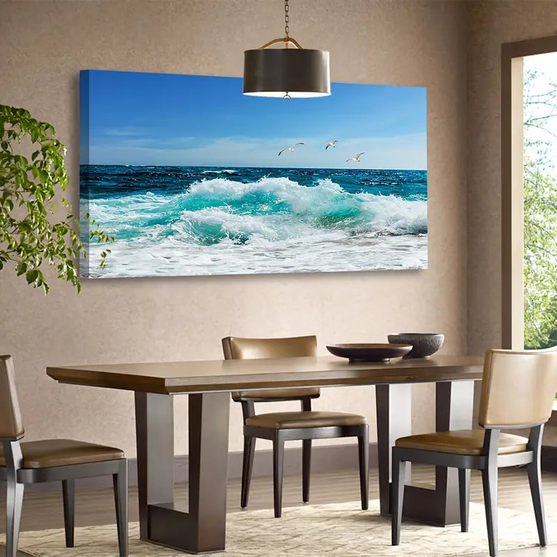 Sea Beach Ocean Waves Blue Surfing Water Seagull Wall Art canvas office home room framed 120x60cm - Bella Home Decor