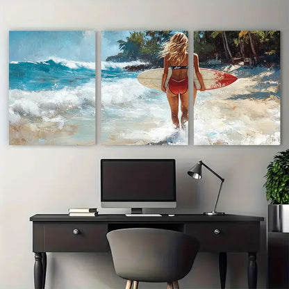 3pcs Lady Surfer Canvas  Metal Print Ready to Hang Art