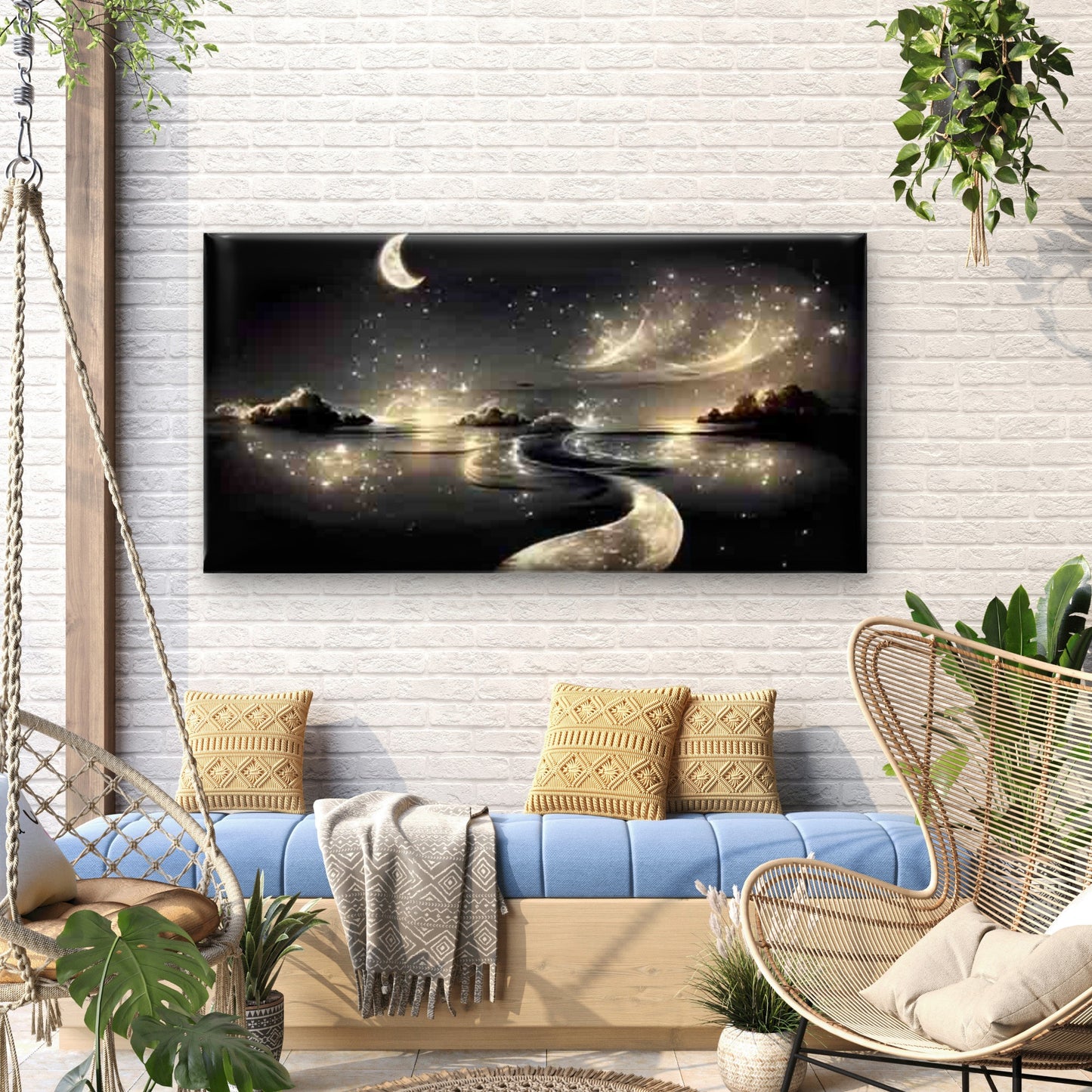 Moonlit Path Through Starry Wall Art Canvas Office Home Room Framed 120x60cm