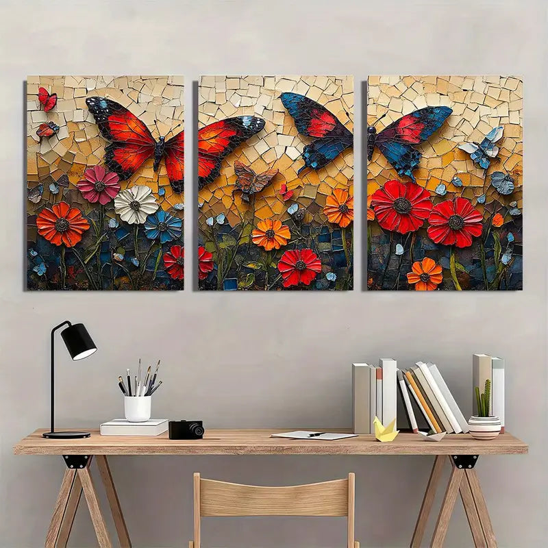 3pcs Butterflies & Flowers- Whimsical Canvas Metal Print Ready to Hang Art - Bella Home Decor