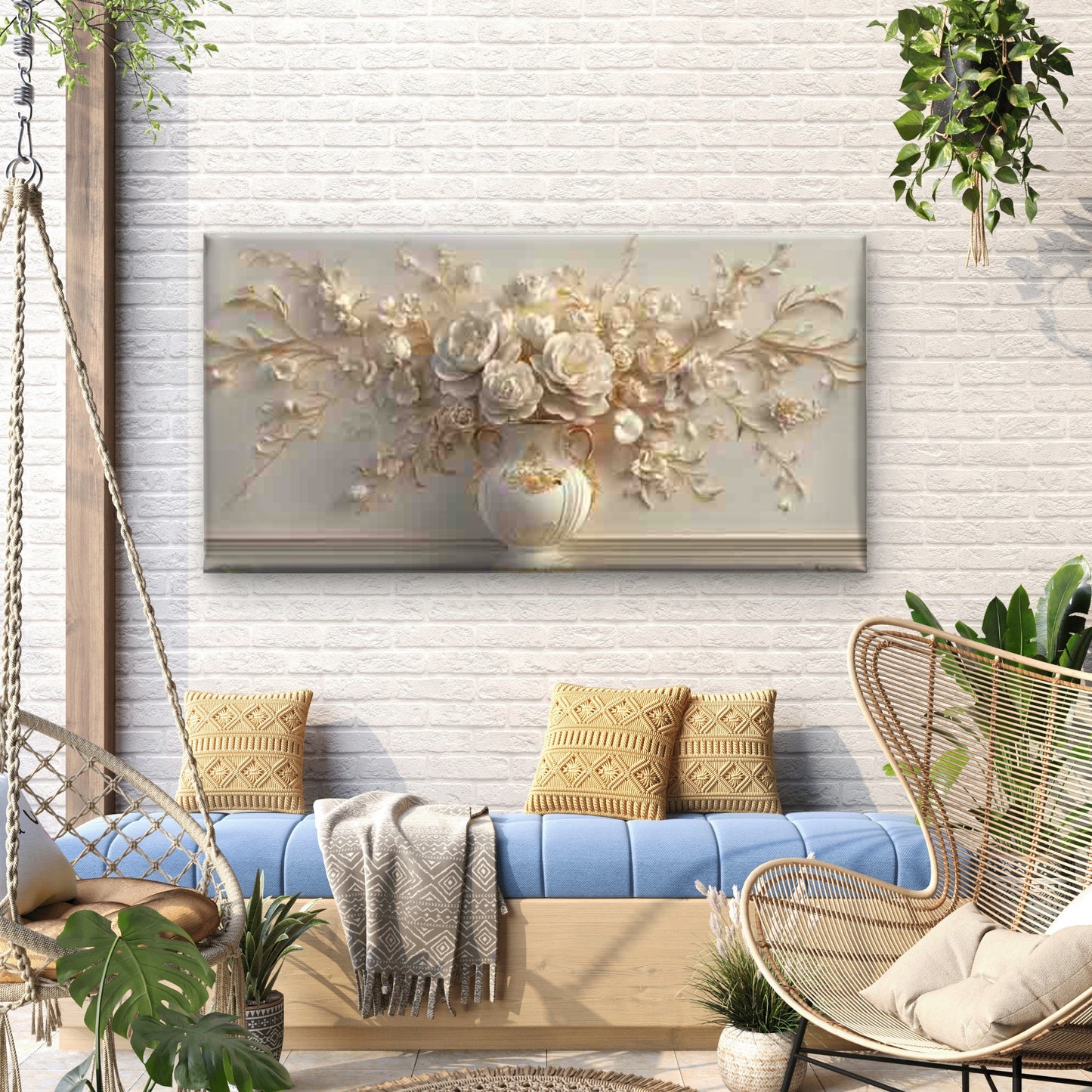 Elegant White Flowers Wall Art Canvas Office Home Room Framed 120x60cm