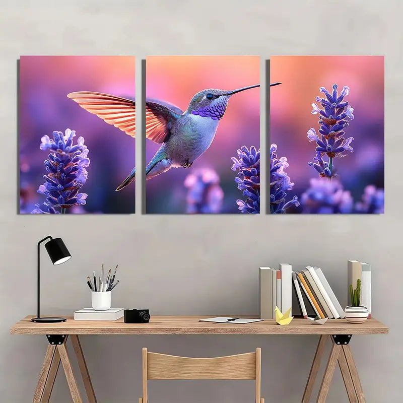 3pcs Vibrant Hummingbird & Lavender Metal Print Ready to Hang Art