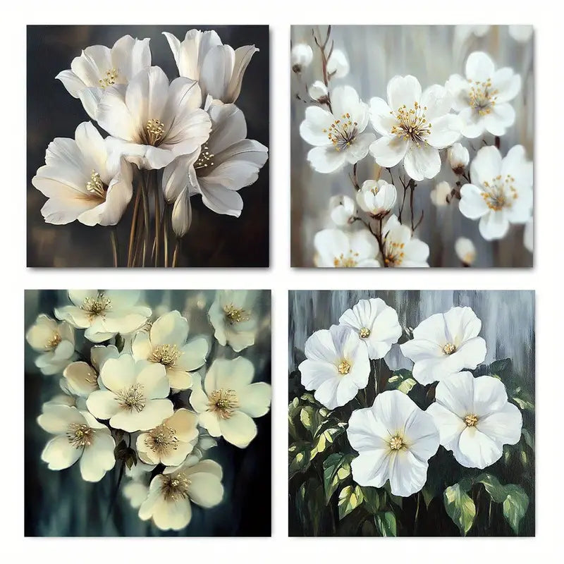 4pcsWhite Lily Floral Wall Art Canvas Framed