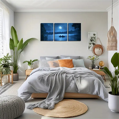 3pcs Night Lake Scene With Rowboat Metal Print Ready to Hang Art