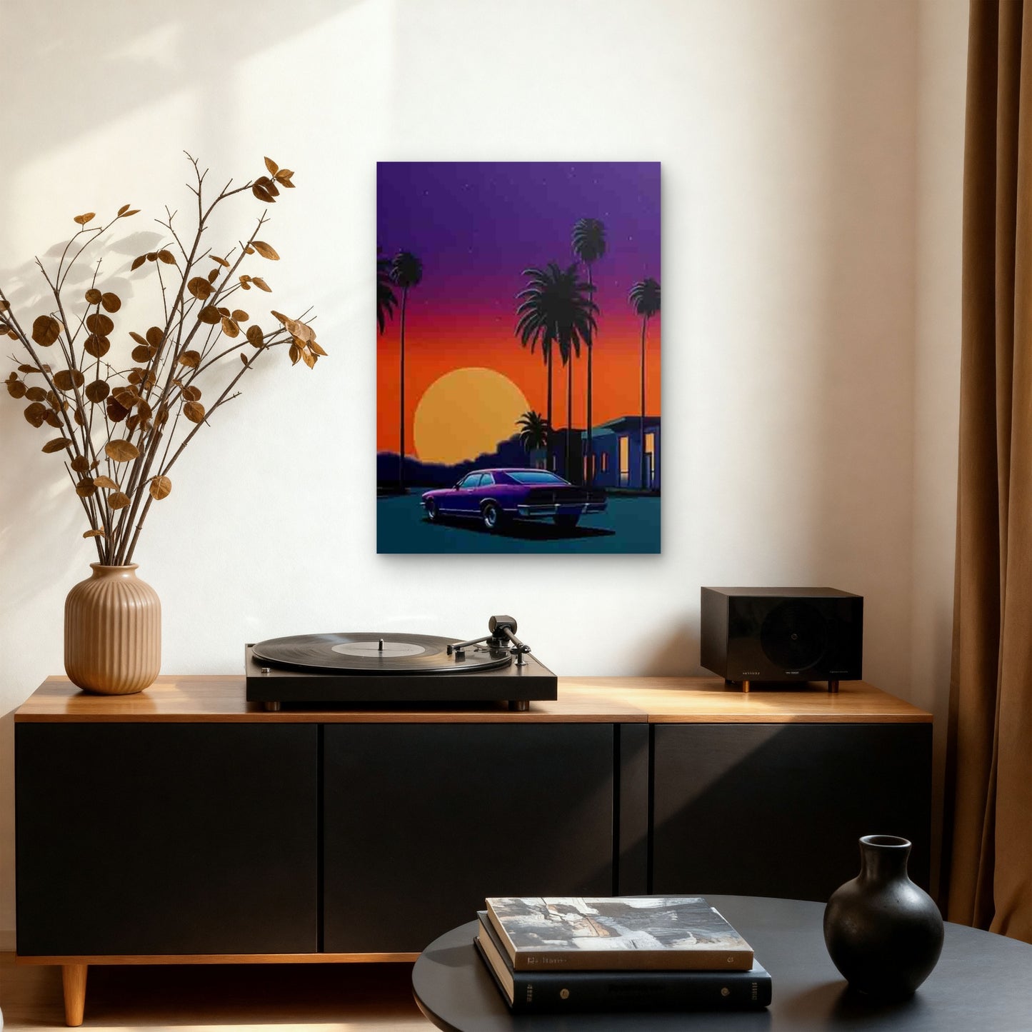 Retro Purple Palm Trees & Sunset with Purple Car 60x90cm Metal Print Ready to Hang - Bella Home Decor