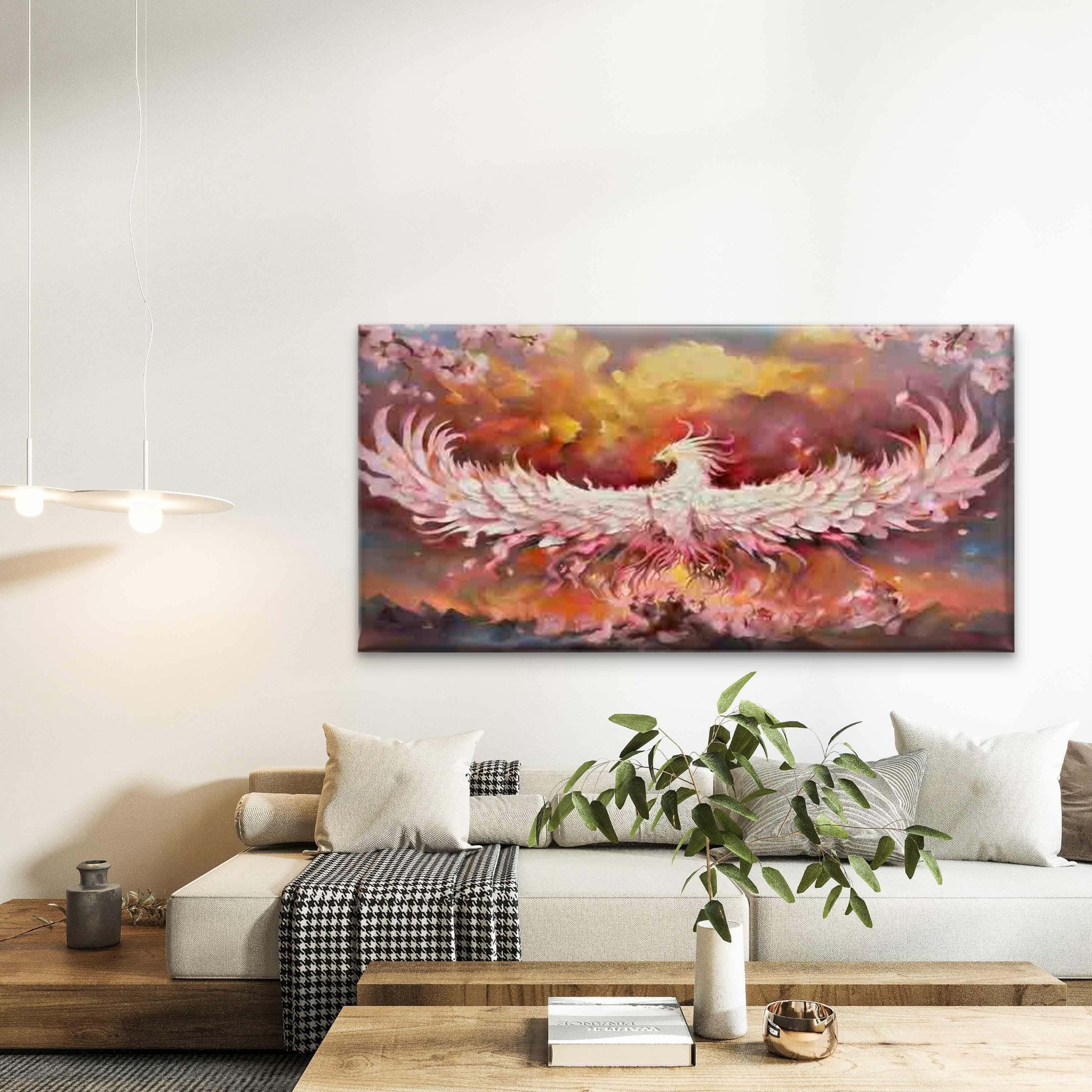 Flaming Phoenix with Sakura Wall Art Canvas Office Home Room Framed 120x60cm - Bella Home Decor