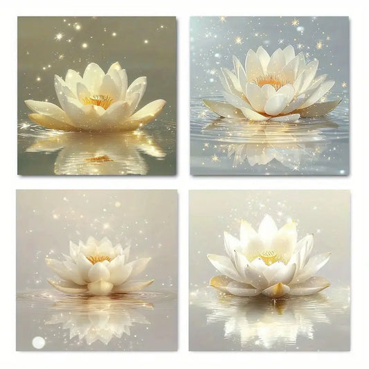 4pcs Elegant Golden For Lotus Wall Art Canvas Framed