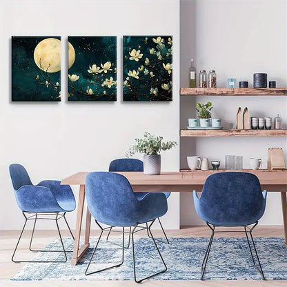 3pcs Magnolia Moonlight Canvas Metal Print Ready to Hang Art