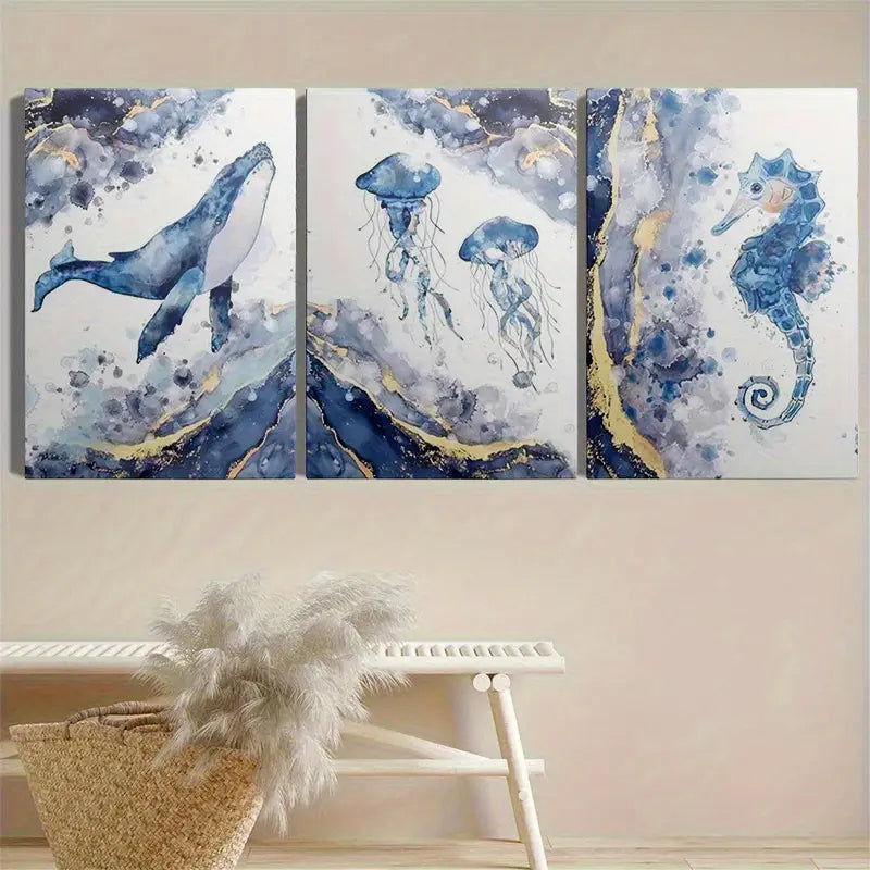 3pcs Navy Blue And Golden With Nautical Marble Metal Print Ready to Hang Art