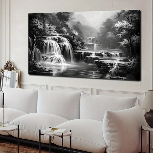 Black and White Serene Waterfall Nature Scene Wall Art canvas office home room framed 120x60cm