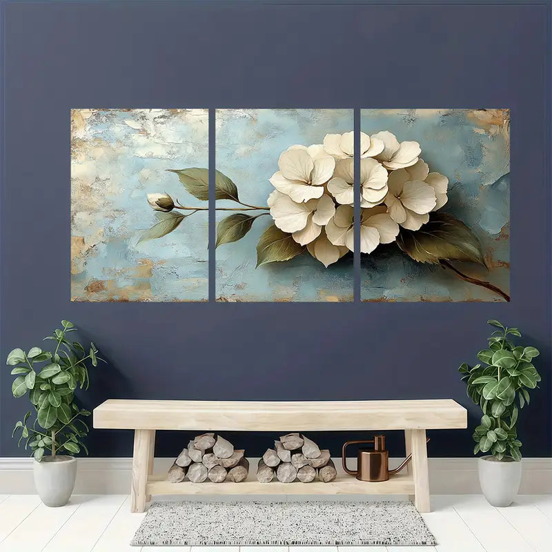 3pcs White Hydrangea Canvas Metal Print Ready to Hang Art