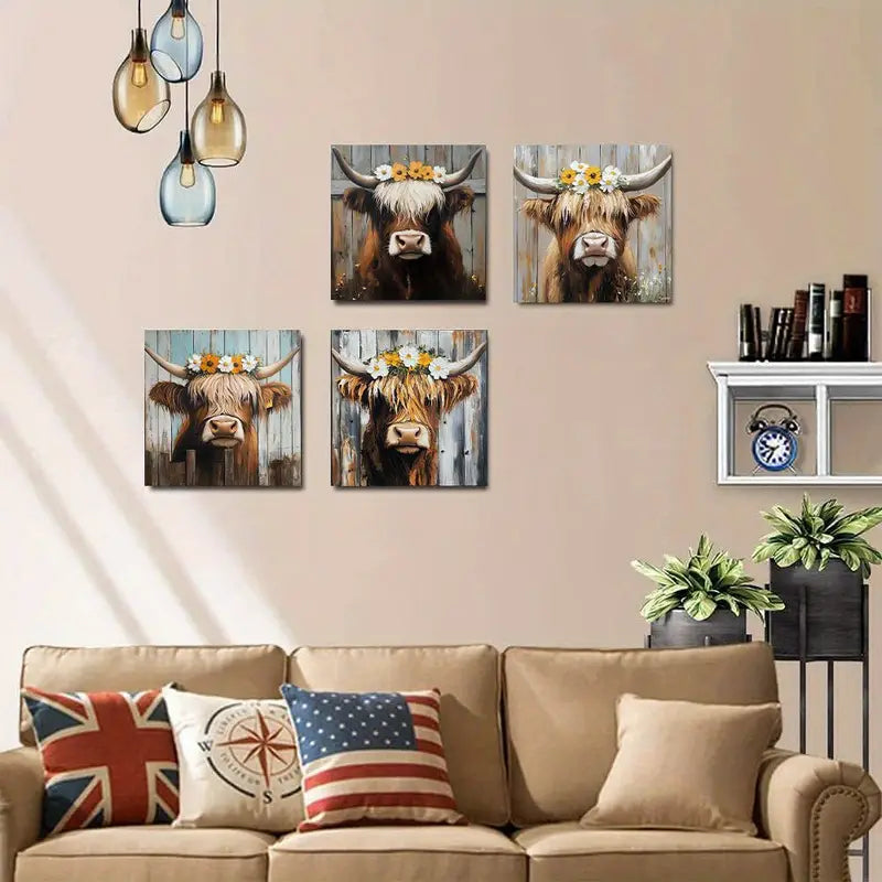 4pcs Vintage Abstract Cow   Wall Art Canvas Framed