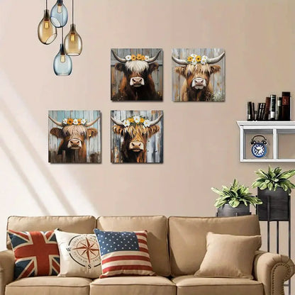4pcs Vintage Abstract Cow   Wall Art Canvas Framed