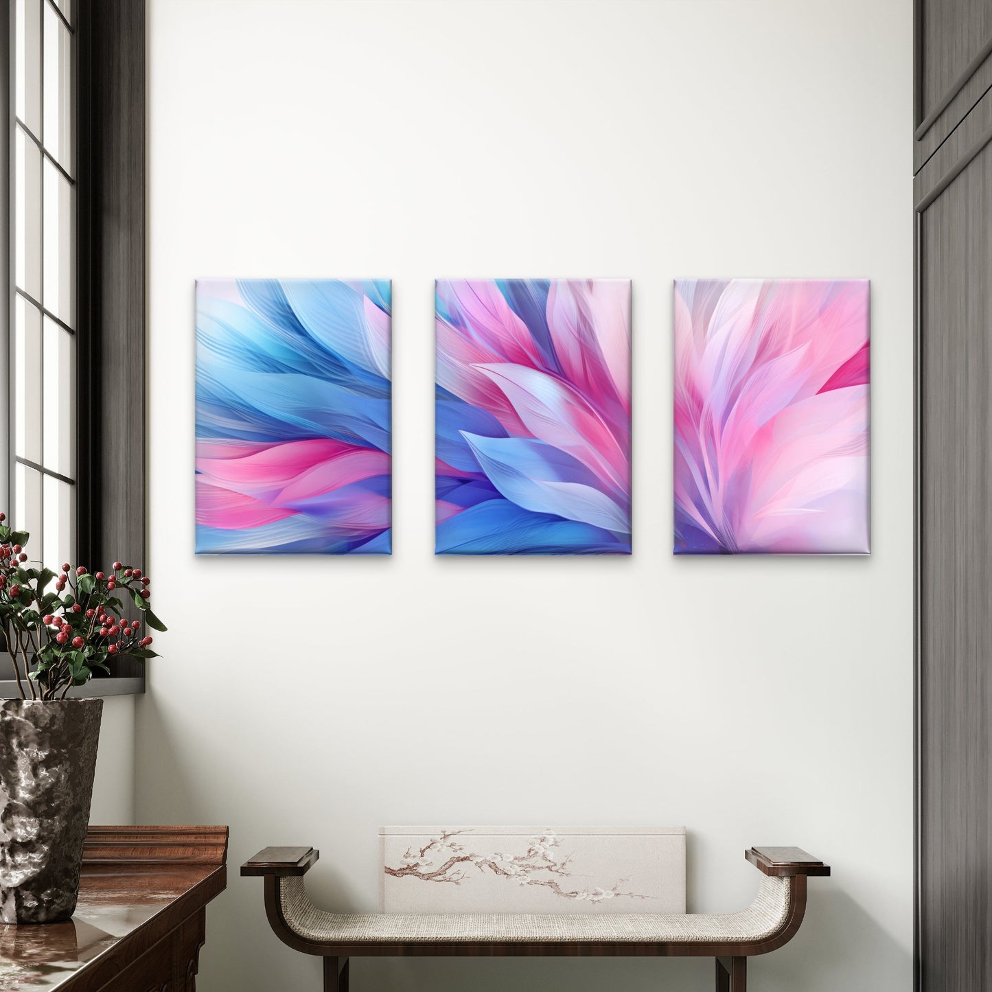 3pcs Blue Pink Soft Luxury Flowing Feathers Wall Art Set Canvas Framed 60x90cm - High Quality Print 100% Australian Made Wall Canvas Ready to Hang